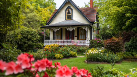 A close-up view of a charming house with a well-maintained garden, focusing on the front porch and blooming flowers nearby.の素材