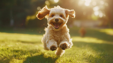 A cute dog joyfully running across a sunny park, with its fur flowing and a big smile on its face.の素材