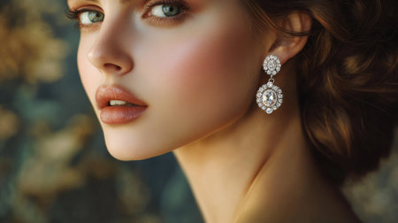 A detailed portrait of a woman with diamond earrings in a classic setting, highlighting their elegance and adding a touch of glamour to her look.の素材