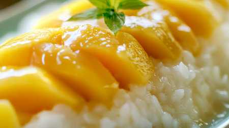 A close-up view of Thai Mango Sticky Rice, showcasing the sweet coconut milk sauce drizzled over sticky rice and ripe mango slices.の素材