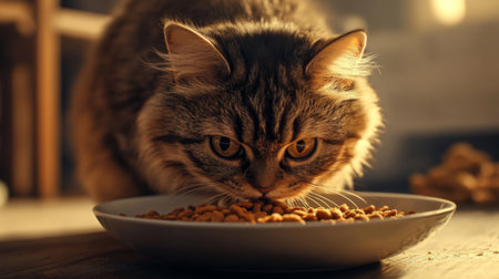 A detailed shot of a chubby cat eating from a bowl of food, with its fluffy cheeks and focused expression, emphasizing its adorable eating habits.の素材
