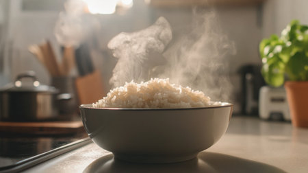 A detailed shot of a bowl of hot rice with steam rising and a few grains sticking to the sides, placed on a kitchen countertop with cooking utensils in the background.の素材
