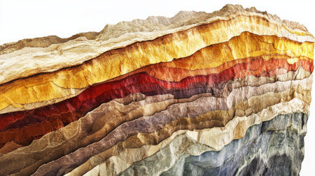 A detailed shot of a cross-section of Earth's crust with visible layers of sedimentary, metamorphic, and igneous rocks, illustrating geological formations.の素材