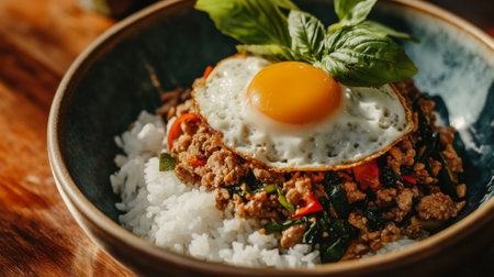 A detailed image of Thai Pad Krapow Moo (stir-fried minced pork with basil), with a sunny-side-up egg and steamed rice, served in a vibrant dish.の素材