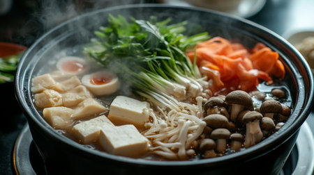 A detailed shot of a shabu-shabu meal with ingredients such as mushrooms, tofu, and vegetables arranged in a visually appealing manner, with steam rising from the hot pot.の素材