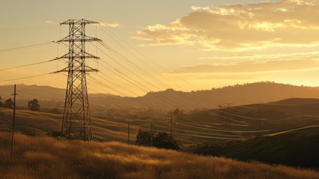 A detailed shot of a lattice-style electrical tower with multiple power lines stretching across the horizon, set against a backdrop of rolling hills.の素材