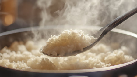 A detailed shot of a serving spoon scooping out hot rice from a pot, with steam rising and a portion of the rice in focus, emphasizing its texture and warmth.の素材