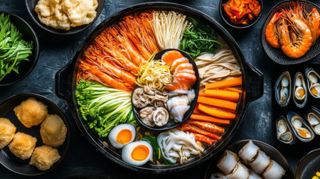 A detailed shot of a shabu-shabu meal with a variety of ingredients like seafood, vegetables, and noodles, neatly arranged around the bubbling hot pot.の素材