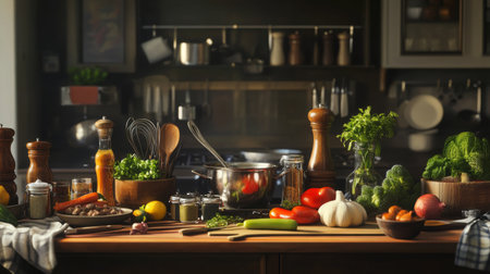A detailed shot of a kitchen counter with various cooking ingredients, including vegetables, spices, and utensils, arranged for meal preparation.の素材