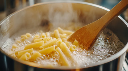 A detailed shot of a pot of boiling pasta with a wooden spoon stirring, capturing the bubbling water and the texture of the pasta in a homey kitchen environment.の素材