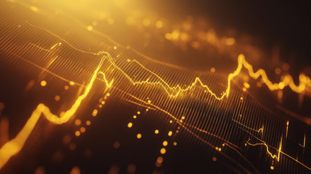 A detailed shot of a 3D line graph illustrating stock market performance, with golden lines and data points creating a sleek and modern financial visualization.の素材