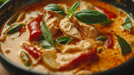 A detailed shot of Thai Red Curry with vegetables and chicken, featuring the rich, creamy sauce and aromatic herbs.の素材