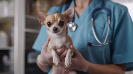 A detailed shot of a veterinarian holding a small dog or kitten, with a warm and reassuring expression, highlighting the compassionate care provided to petsの素材
