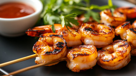 A detailed shot of grilled shrimp on a skewer, with a side of dipping sauce and a fresh garnish, showcasing the juicy and flavorful nature of the dish.の素材