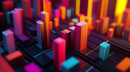 A detailed view of a 3D bar graph with interactive elements, featuring animated bars that highlight different financial metricsの素材