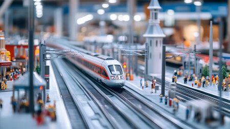 A detailed shot of an electric train station with multiple tracks and trains, featuring passengers boarding and alighting, and modern infrastructure.の素材