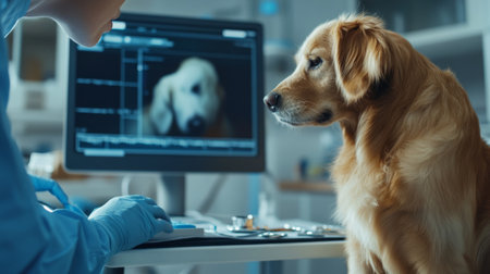 A detailed shot of a veterinarian using a computer to review a pet's medical records, with a dog or cat on the examination table and medical instruments nearbyの素材