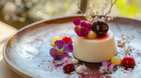 A detailed shot of floating desserts like mousse or panna cotta on a decorative plate, with delicate fruit and edible flowers enhancing the presentation.の素材