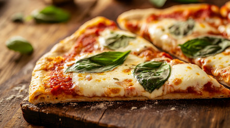 A detailed shot of a slice of classic Margherita pizza with melted mozzarella, fresh basil, and a crispy crust, set on a rustic wooden table.の素材