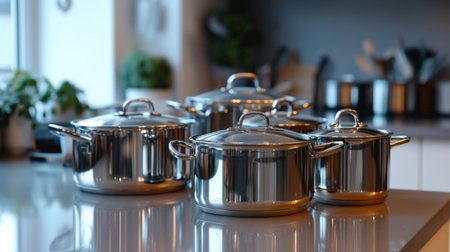 A detailed view of a set of kitchen pots and pans neatly arranged on a countertop, with reflections on their polished surfaces and various sizes visible.の素材