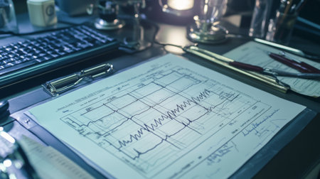 A medical chart showing an ECG printout, with clear waves and readings, placed on a doctor desk with nearby medical instrumentsの素材