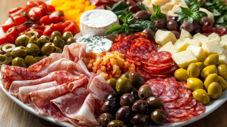 A detailed view of Italian antipasto with a variety of cured meats, cheeses, olives, and marinated vegetables, elegantly arranged on a platter.の素材