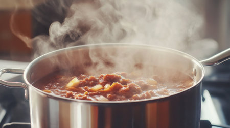 A detailed view of a simmering pot of soup or sauce on the stove, with steam rising and ingredients clearly visible in the pot.の素材