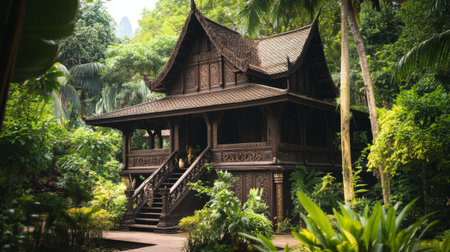 A detailed view of a traditional Thai house with wooden panels and intricate carvings, surrounded by lush greenery.の素材