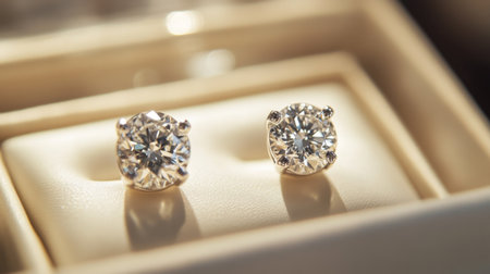 A detailed view of a pair of diamond stud earrings on a luxury jewelry display, with soft lighting highlighting their shine and facets.の素材