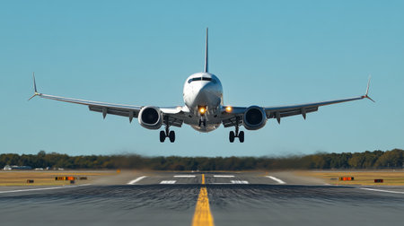 A dramatic shot of an airplane taking off from the runway, with the nose lifted and engines blazing, against a clear blue sky.の素材