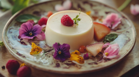A detailed shot of floating desserts like mousse or panna cotta on a decorative plate, with delicate fruit and edible flowers enhancing the presentation.の素材