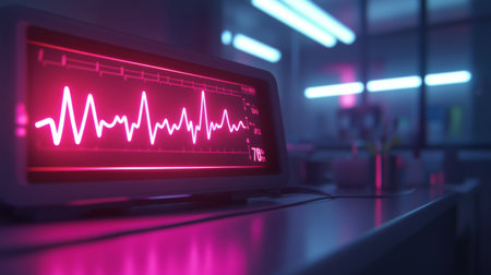 A heart rate monitor with a clear, bright ECG line, set against the backdrop of a dimly lit hospital room.の素材