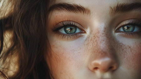 A high-definition shot of a woman's face, with dewy skin and soft, natural makeup, framed by softly curled hair.の素材