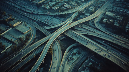 A panoramic view of a highway interchange with multiple roads and ramps, showcasing the complexity of traffic flow in a major city.の素材