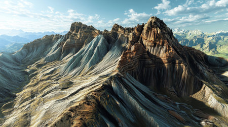 A panoramic view of a rugged mountain range with visible rock strata and geological formations, highlighting the exposed Earth's crust in a natural setting.の素材