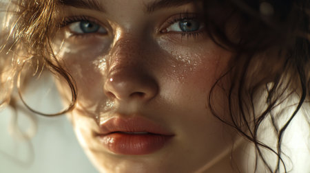 A high-definition shot of a woman's face, with dewy skin and soft, natural makeup, framed by softly curled hair.の素材