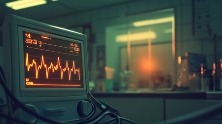 A heart rate monitor with a clear, bright ECG line, set against the backdrop of a dimly lit hospital room.の素材