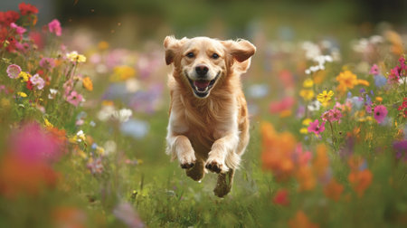 A dog sprinting through a field of flowers, with its fur looking soft and its movement lively against a colorful floral backdrop.の素材