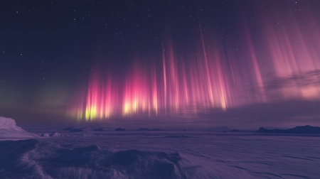 A detailed view of the Southern Lights with colorful bands of light stretching across the Antarctic night sky, viewed from a snowy terrain.の素材