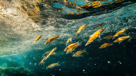 A dynamic image of a school of fish swimming rapidly, with the water creating trails of bubbles and a sense of motion in the clear ocean.の素材