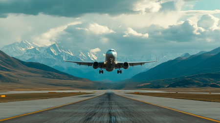 A dynamic shot of an airplane lifting off with a backdrop of mountain peaks and expansive skies, capturing the excitement of departure.の素材