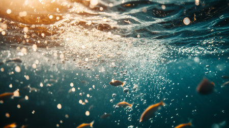 A dynamic image of a school of fish swimming rapidly, with the water creating trails of bubbles and a sense of motion in the clear ocean.の素材