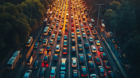 A high-resolution image of a congested highway with multiple lanes of vehicles and a noticeable traffic jam during peak hours.の素材