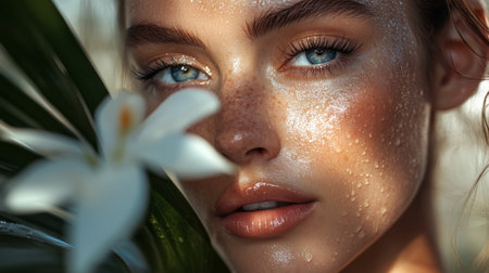 A high-resolution image of a woman with dewy, youthful skin, with a focus on her natural beauty and vibrant complexion.の素材