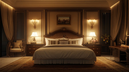 A high-resolution image of a luxurious bedroom with a king-size bed, elegant headboard, and soft ambient lighting creating a sophisticated look.の素材
