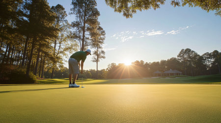 A panoramic view of a golfer lining up a putt on a well-maintained green, with a focus on the concentration and technique in a beautiful course setting.の素材