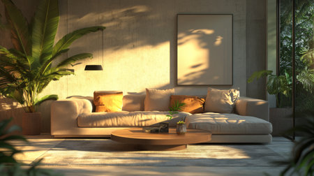 A modern living room with a cozy sofa, coffee table, and soft lighting, decorated with neutral tones and greenery, creating a welcoming atmosphere.の素材