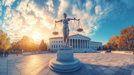 A panoramic shot of a historic courthouse with the scales of justice prominently displayed in front, capturing the traditional and enduring symbolism of justice.の素材