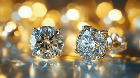 A high-resolution image of diamond earrings in a sophisticated setting, with soft lighting that enhances the sparkle and quality of the gems.の素材