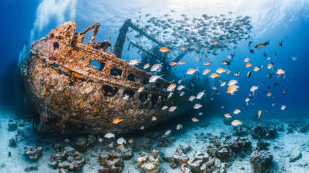 A panoramic view of a dense shoal of fish swimming near a shipwreck, with the underwater structure providing a dramatic backdrop.の素材